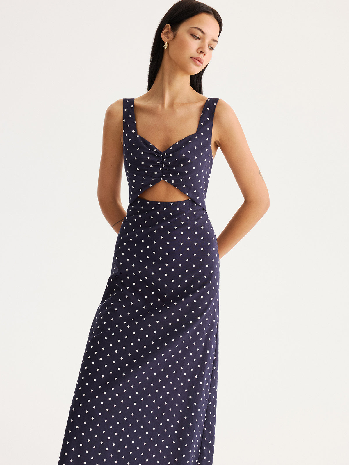 Polka Dot Cutout Cotton Linen Maxi Dress