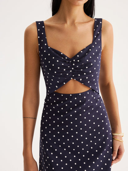 Polka Dot Cutout Cotton Linen Maxi Dress
