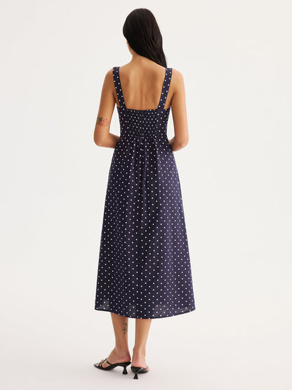 Polka Dot Cutout Cotton Linen Maxi Dress