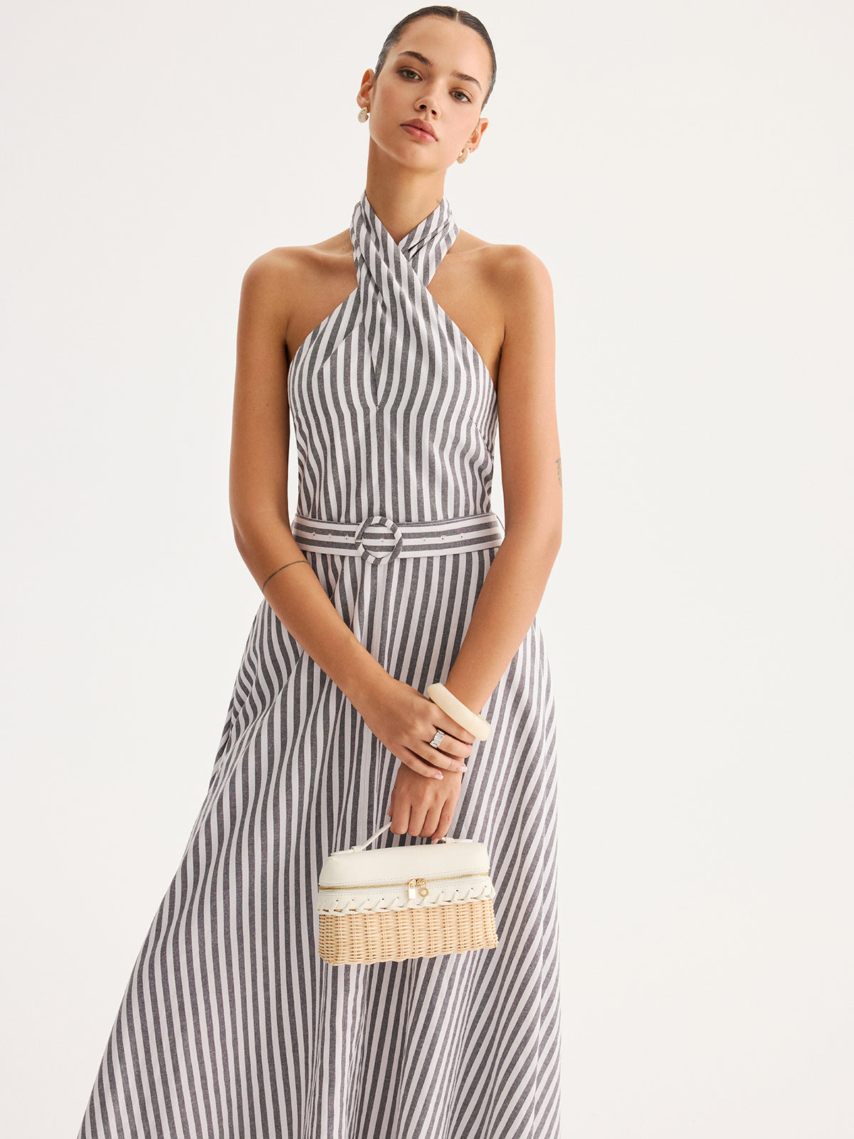 Striped Halter Belted Maxi Dress