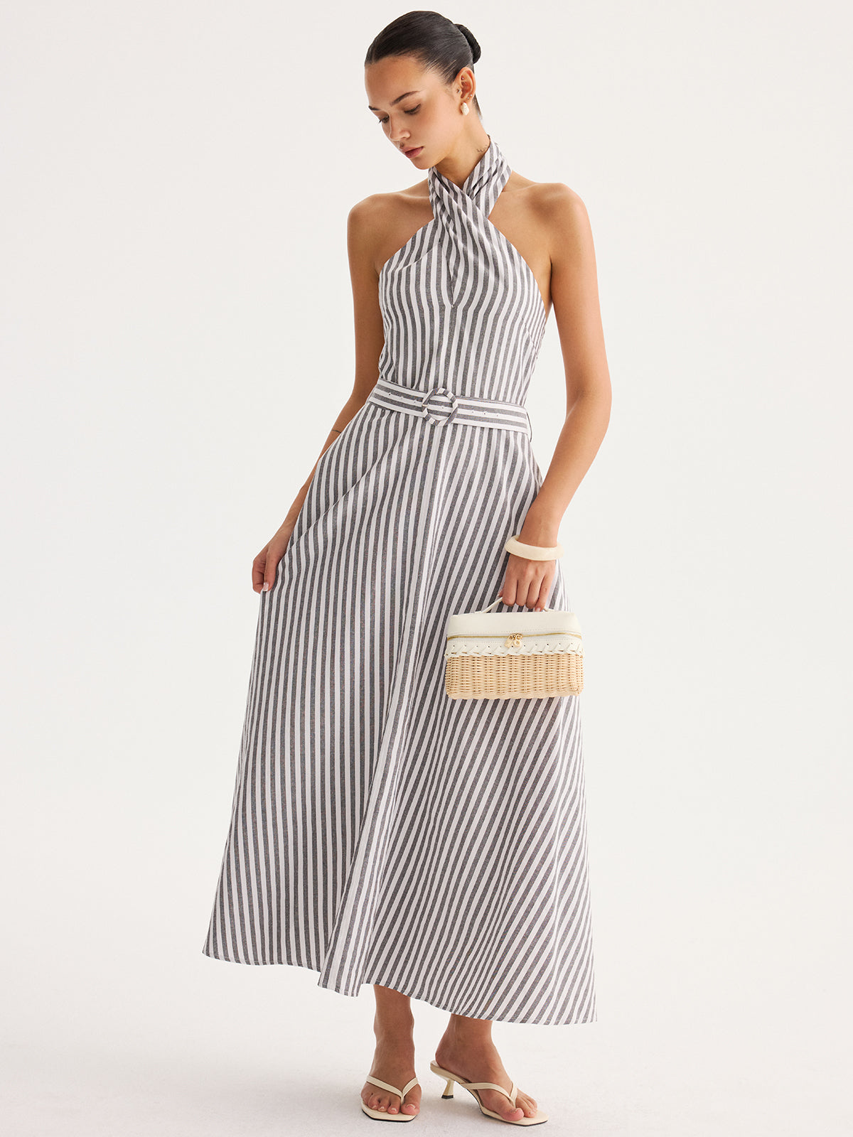 Striped Halter Belted Maxi Dress