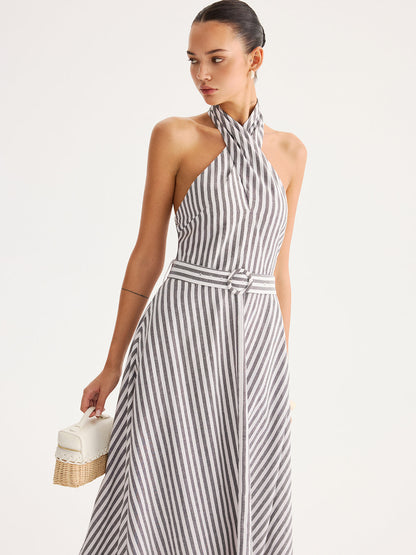 Striped Halter Belted Maxi Dress