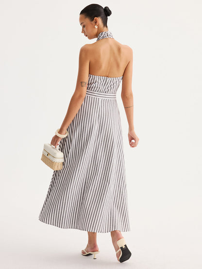 Striped Halter Belted Maxi Dress