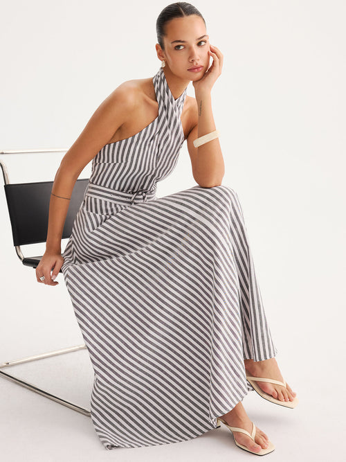 Striped Halter Belted Maxi Dress