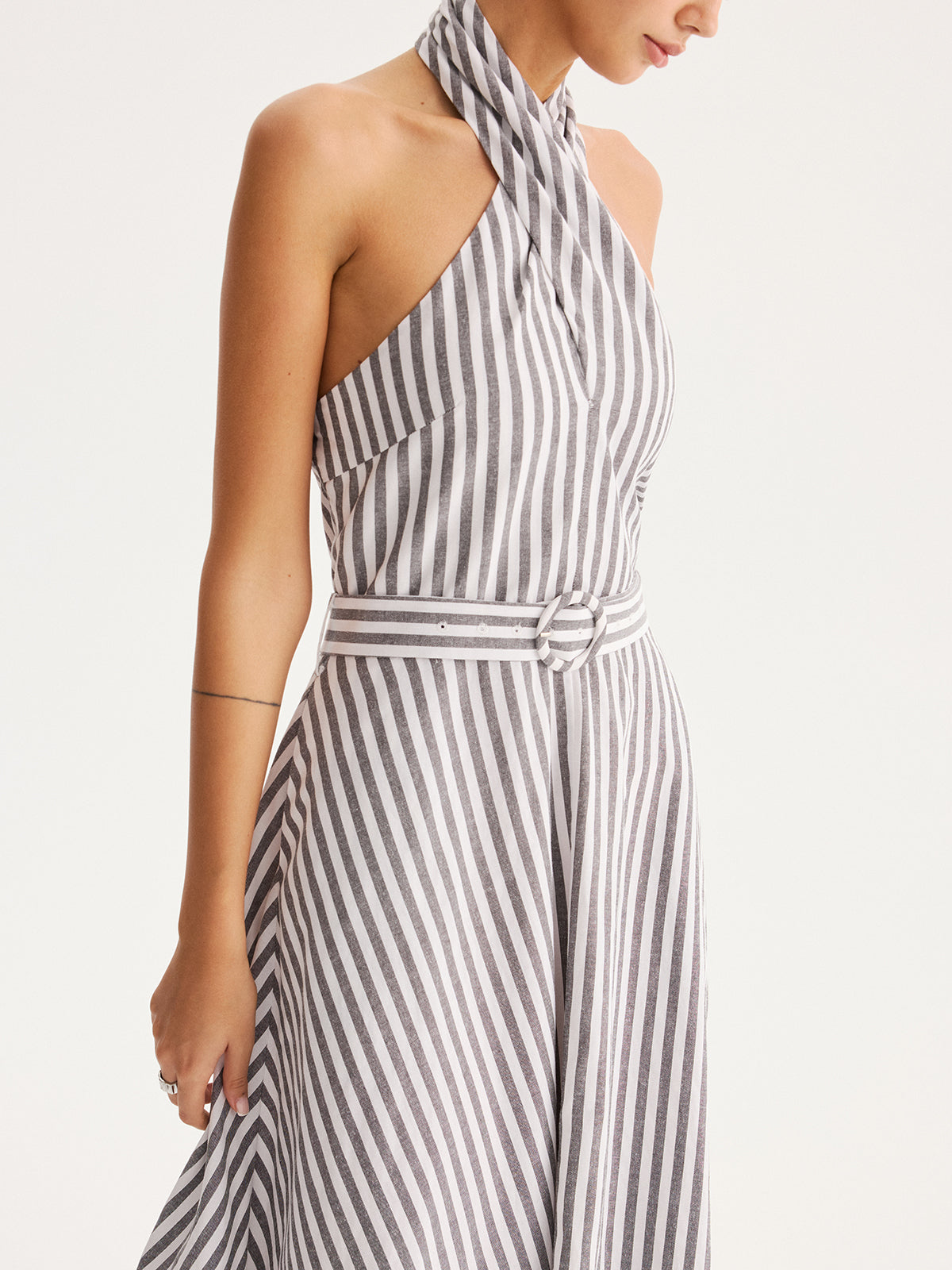 Striped Halter Belted Maxi Dress