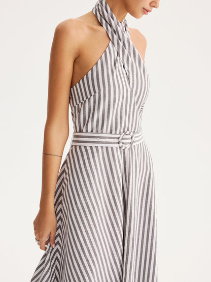 Striped Halter Belted Maxi Dress