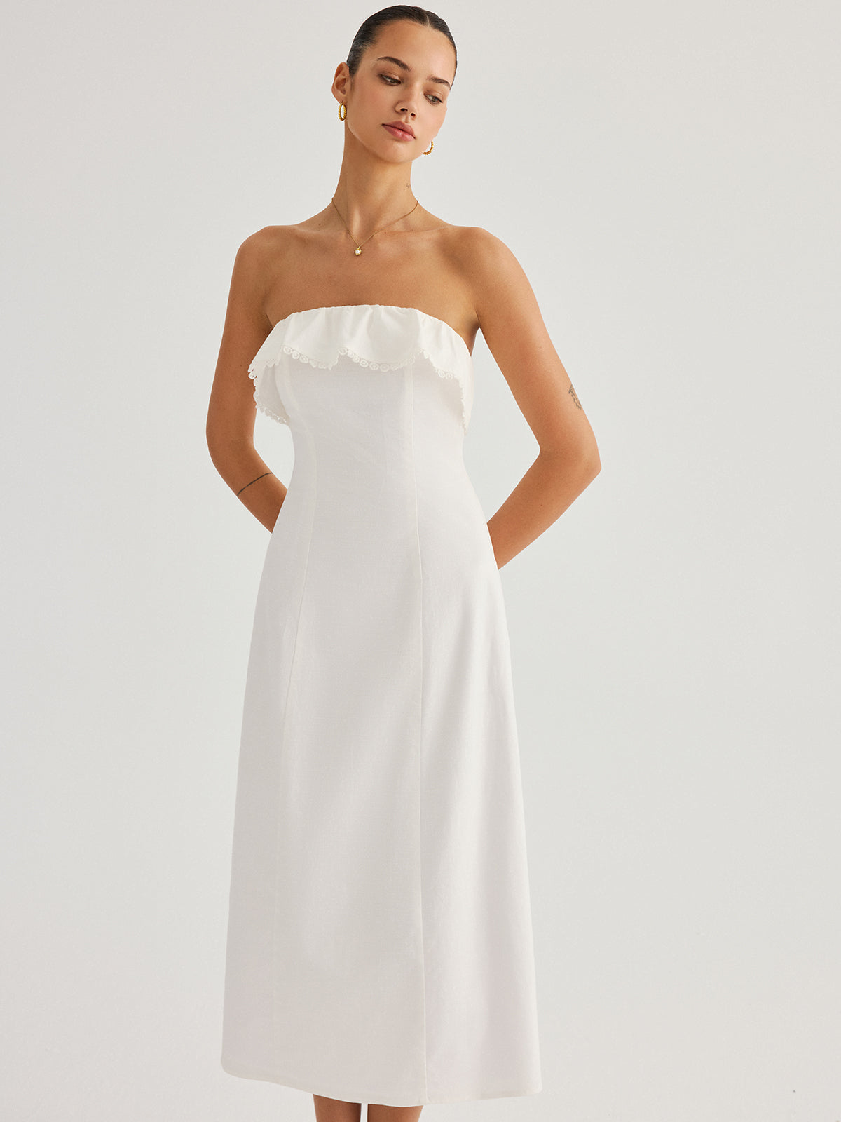 Detachable Straps Ruffled Trim Cotton Midi Dress