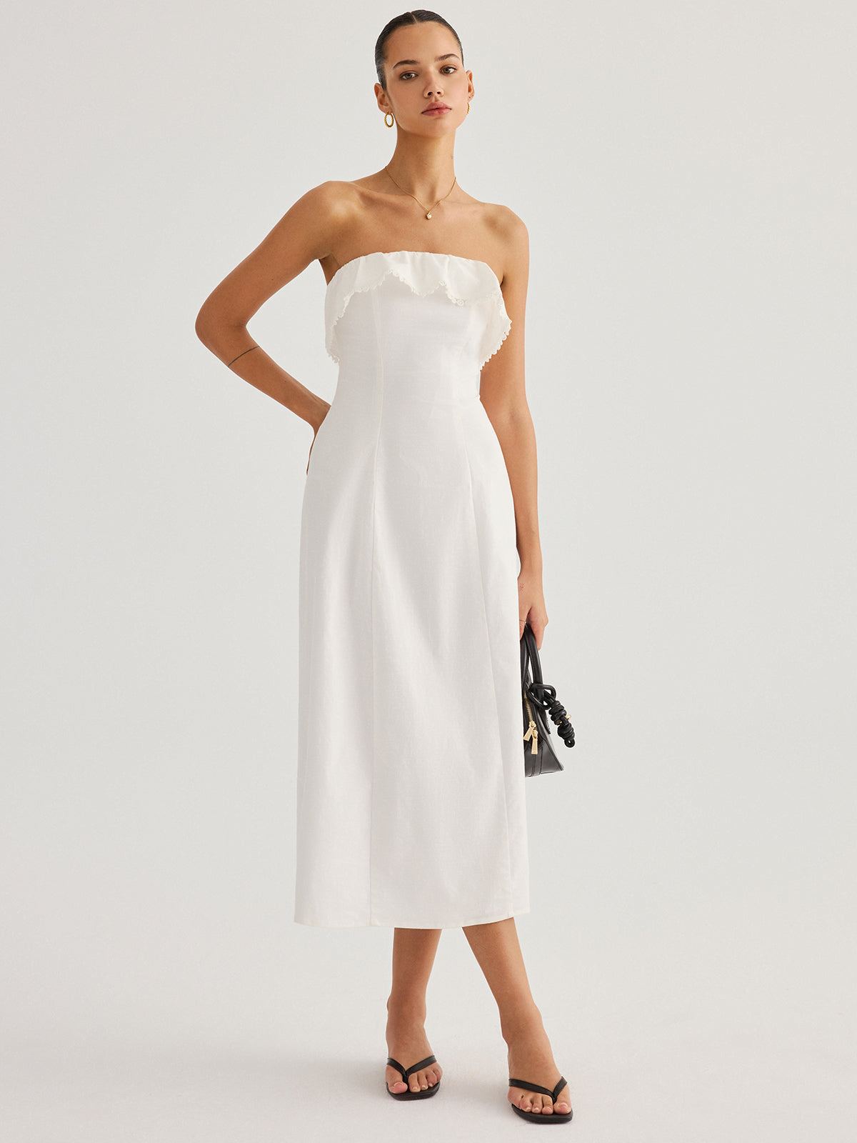 Detachable Straps Ruffled Trim Cotton Midi Dress