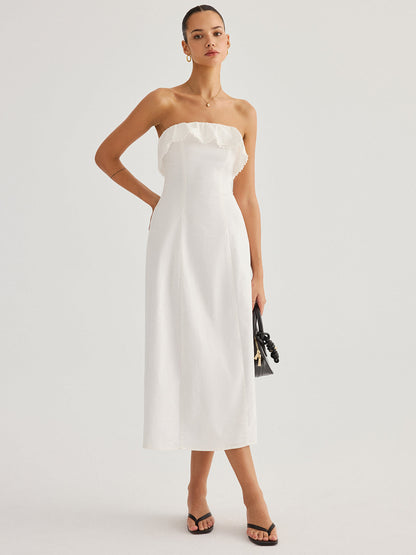 Detachable Straps Ruffled Trim Cotton Midi Dress