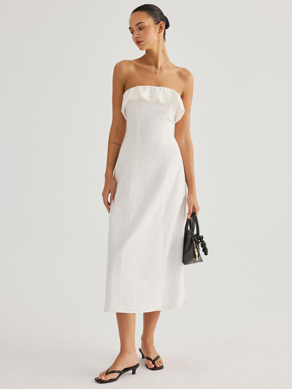 Detachable Straps Ruffled Trim Cotton Midi Dress