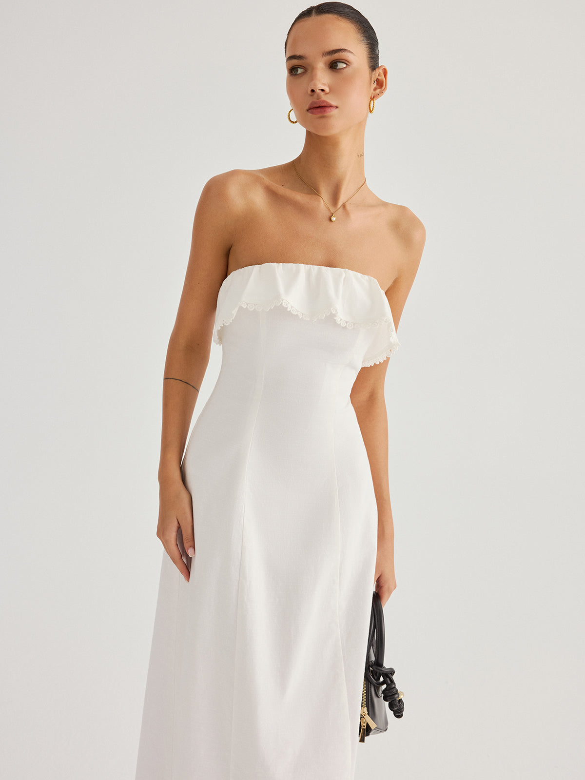 Detachable Straps Ruffled Trim Cotton Midi Dress