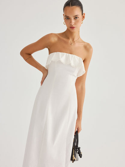 Detachable Straps Ruffled Trim Cotton Midi Dress