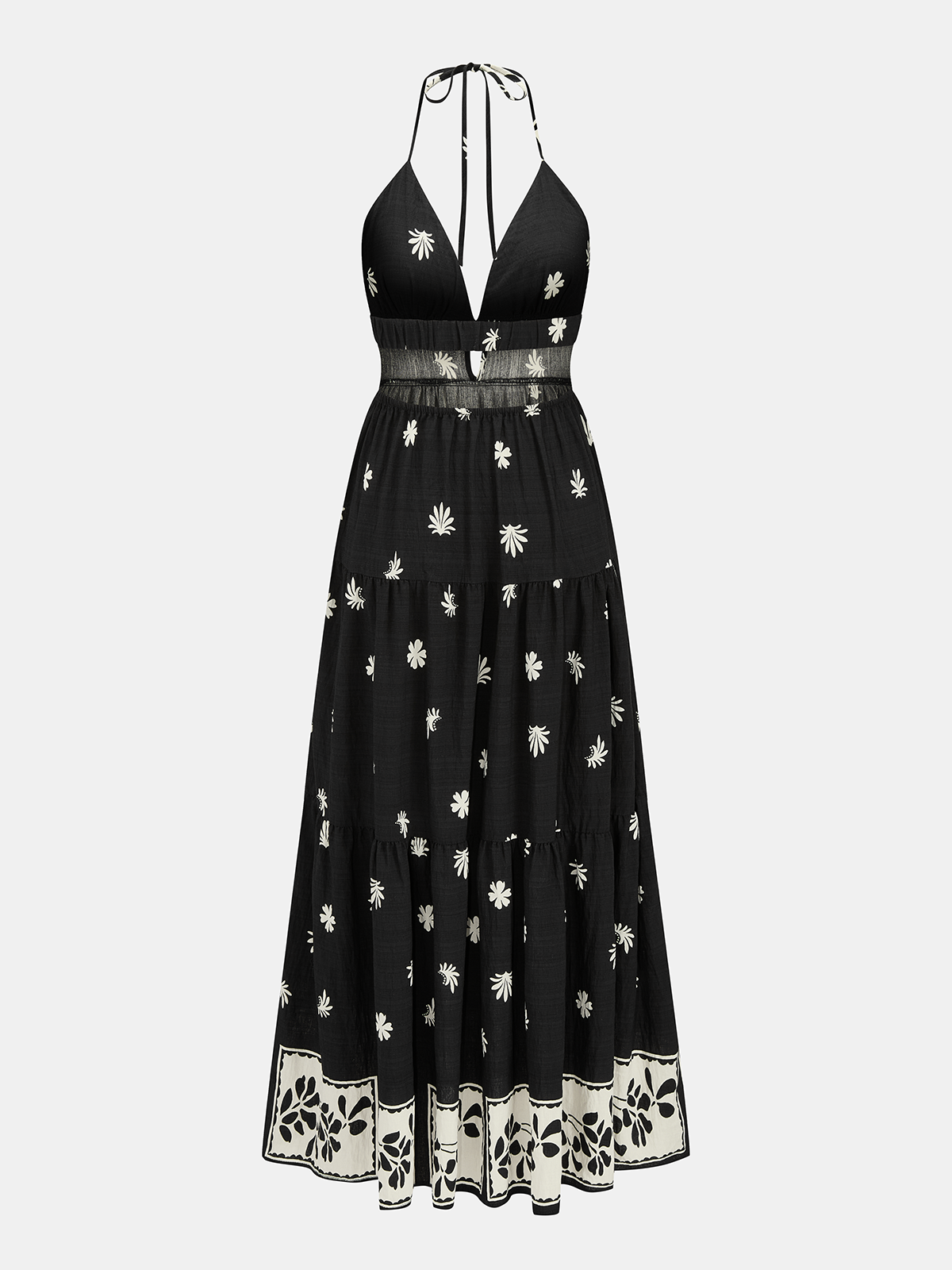 Border Print Halter V-Neck Tiered Maxi Dress