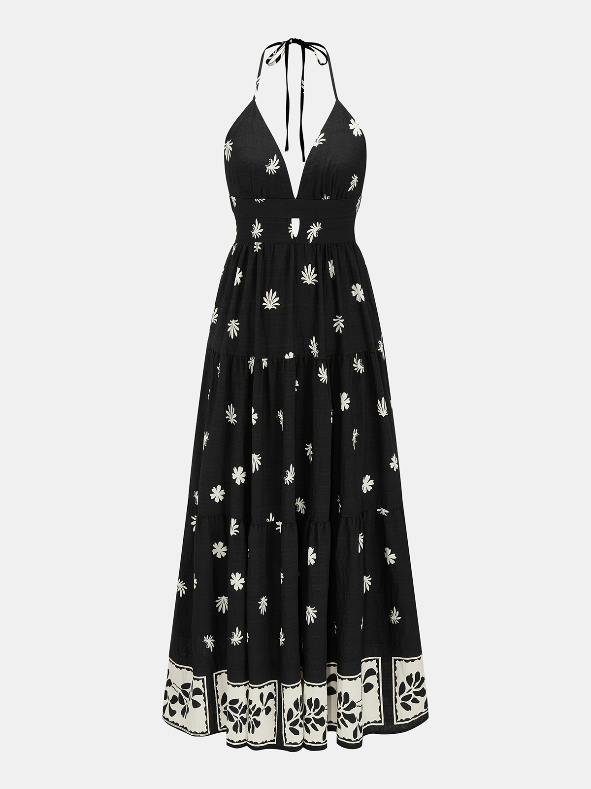 Border Print Halter V-Neck Tiered Maxi Dress