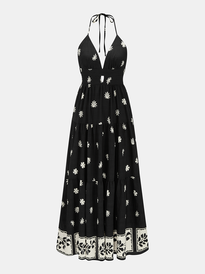 Border Print Halter V-Neck Tiered Maxi Dress