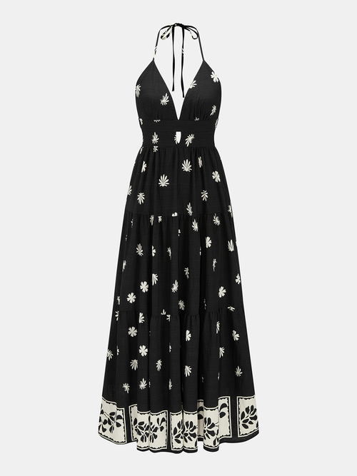 Border Print Halter V-Neck Tiered Maxi Dress