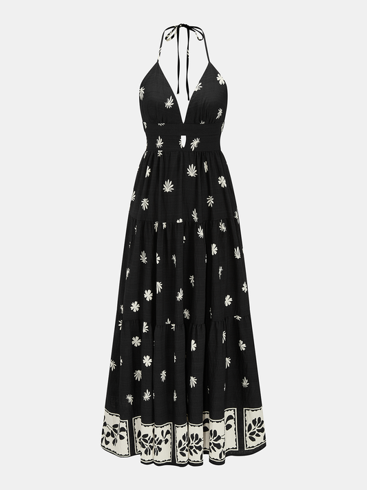 Border Print Halter V-Neck Tiered Maxi Dress