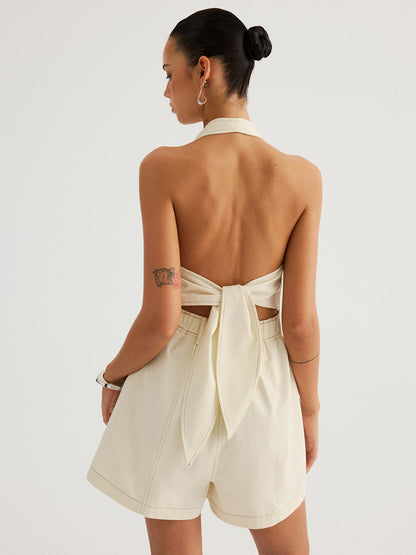 Cotton Halter V-Neck Tie-Back Romper