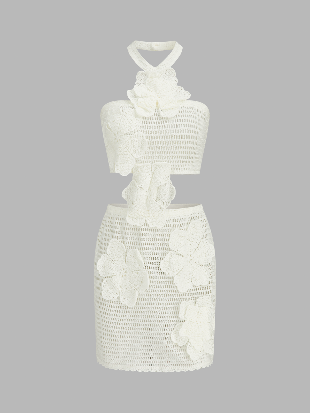 Crochet Floral Applique Cutout Halter Mini Dress