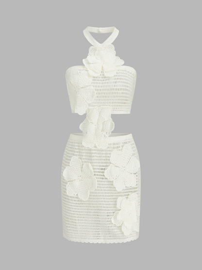 Crochet Floral Applique Cutout Halter Mini Dress