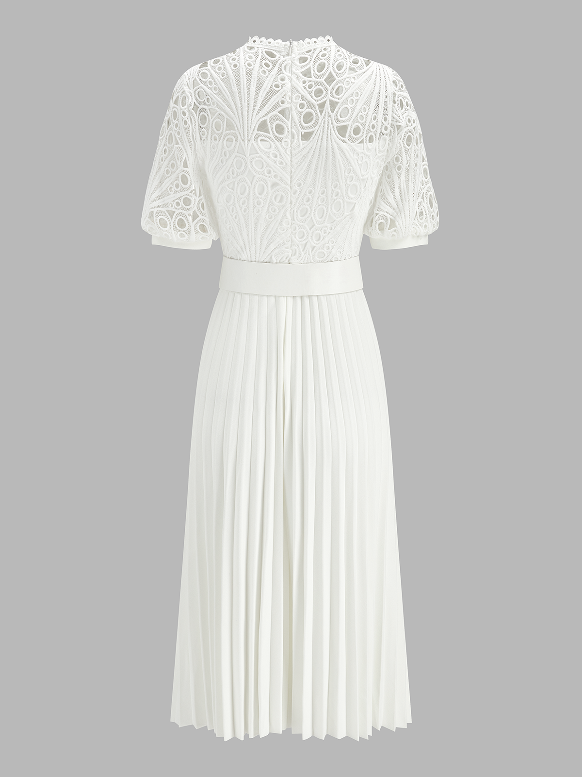 Lace Short Sleeve Pleated Belted Midi Dress