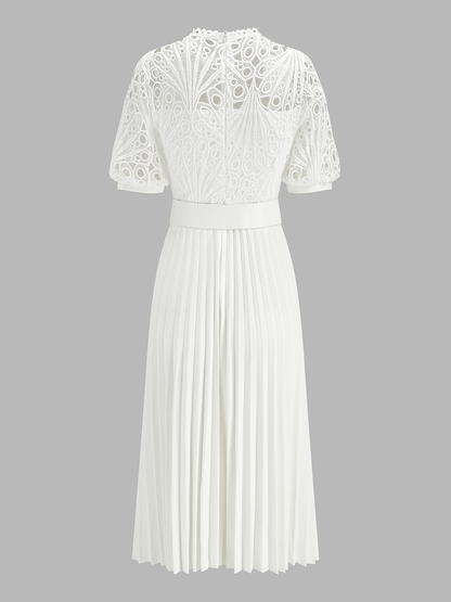 Lace Short Sleeve Pleated Belted Midi Dress