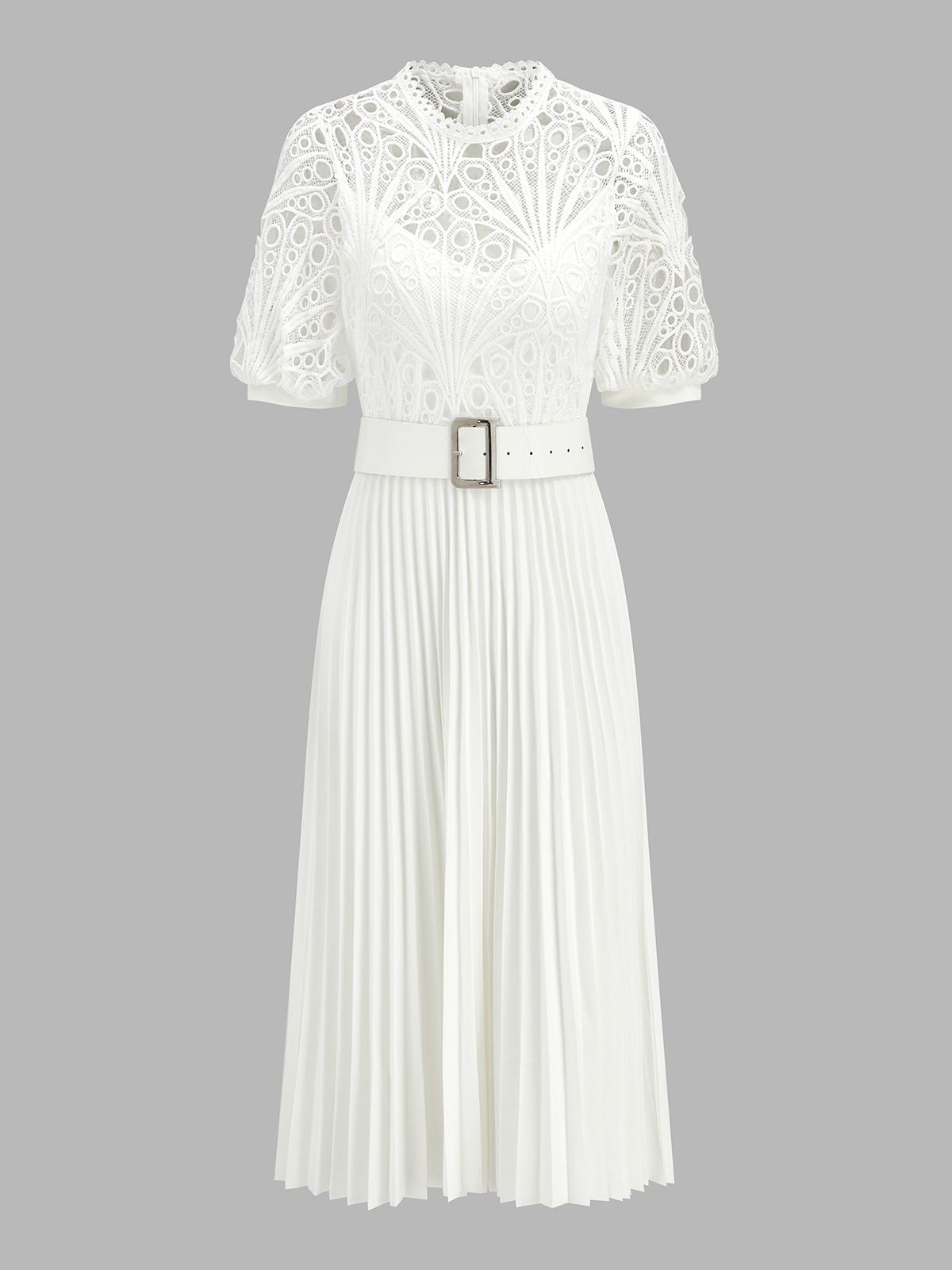 Lace Short Sleeve Pleated Belted Midi Dress