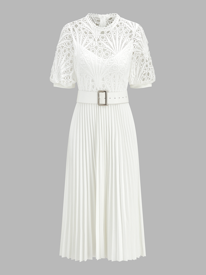 Lace Short Sleeve Pleated Belted Midi Dress