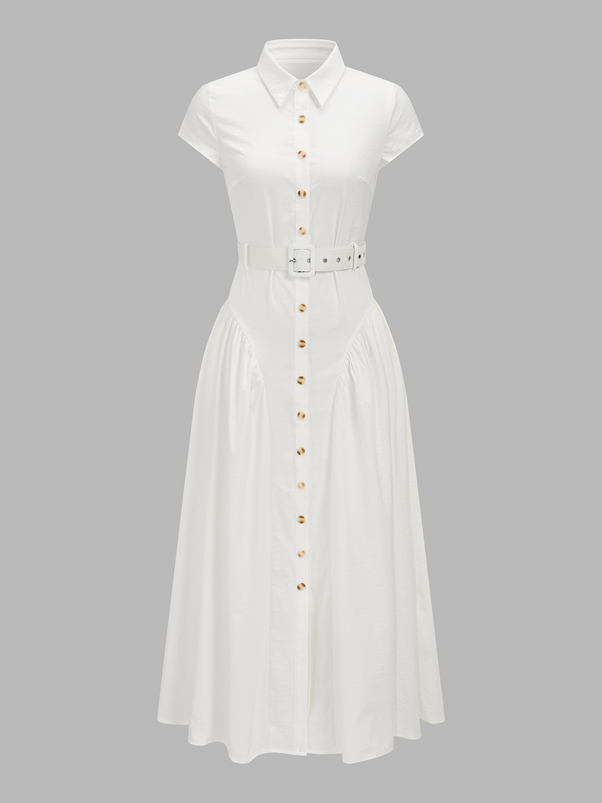 Belted Button Short Sleeve Maxi Shirt Dress