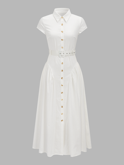 Belted Button Short Sleeve Maxi Shirt Dress