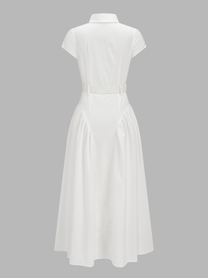 Belted Button Short Sleeve Maxi Shirt Dress