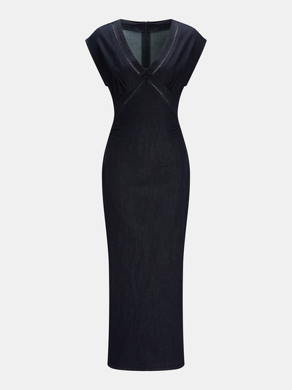 V Neck Bodycon Denim Midi Dress