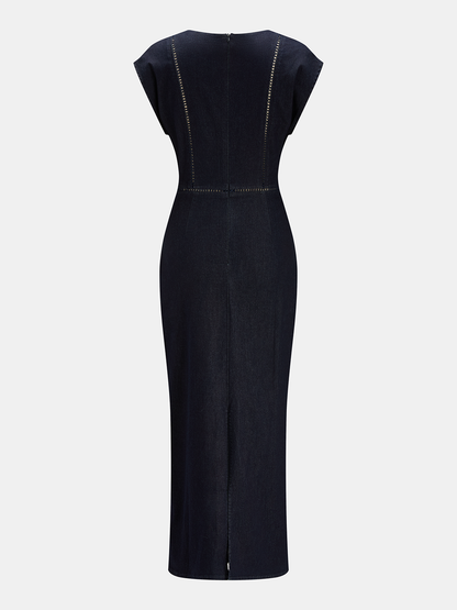 V Neck Bodycon Denim Midi Dress