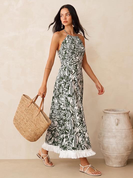 Fringe Hem Jungle Print Halter Maxi Dress