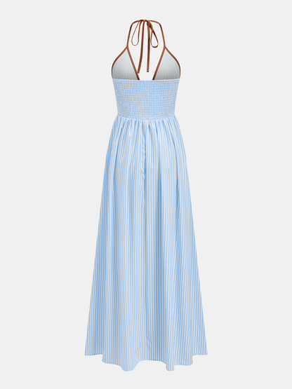 Deep V Neck Halter Striped Midi Dress