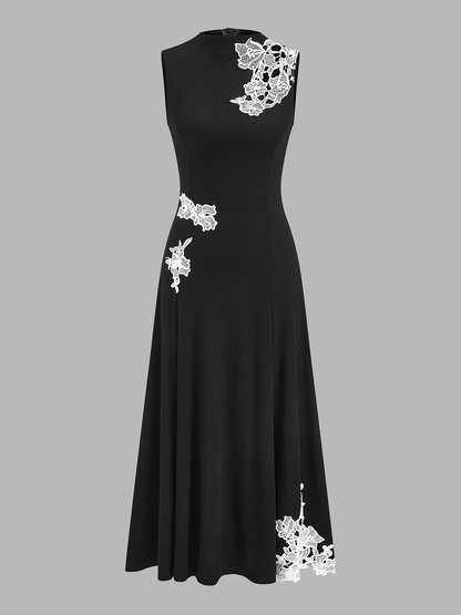 Sleeveless Lace Applique Knit Maxi Dress