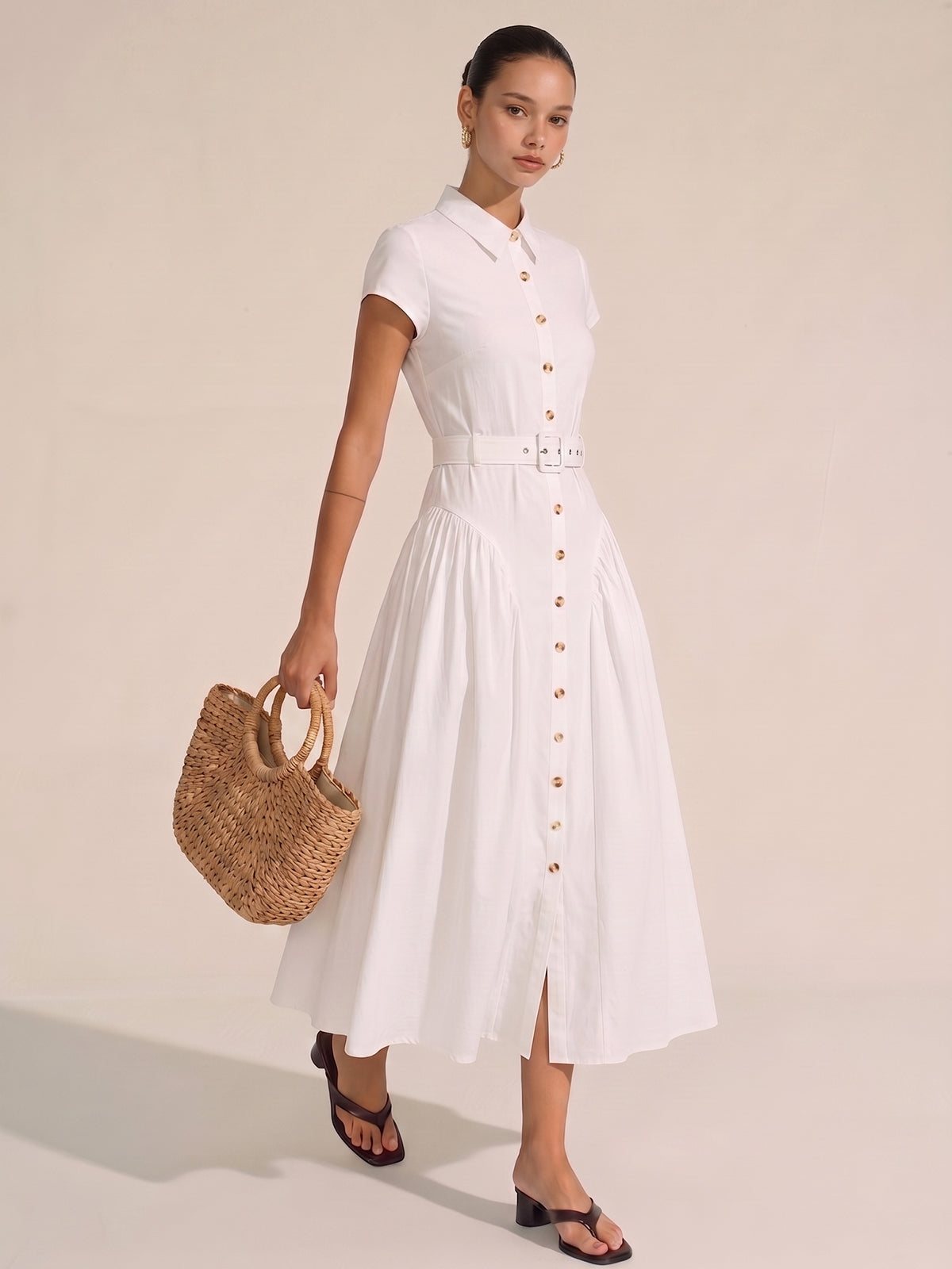 Belted Button Short Sleeve Maxi Shirt Dress