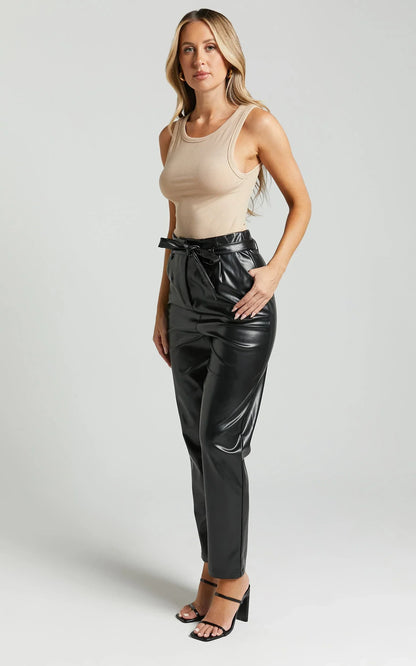 Layton Pants - Paper Bag Waist Faux Leather Pants in Black