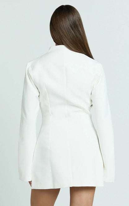 Layton Mini Dress - V Neck Long Sleeve Button Front Tulip Skirt Dress in White