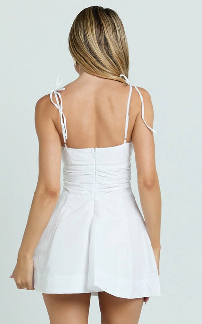 Kristy Mini Dress - V Neck Tie Bust A Line Dress in White