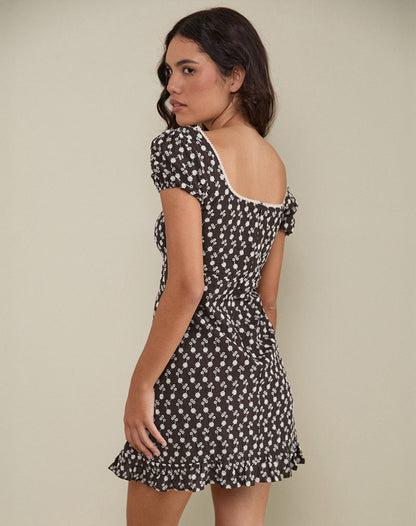 Bella Mini Tea Dress in Floral Broderie Brown