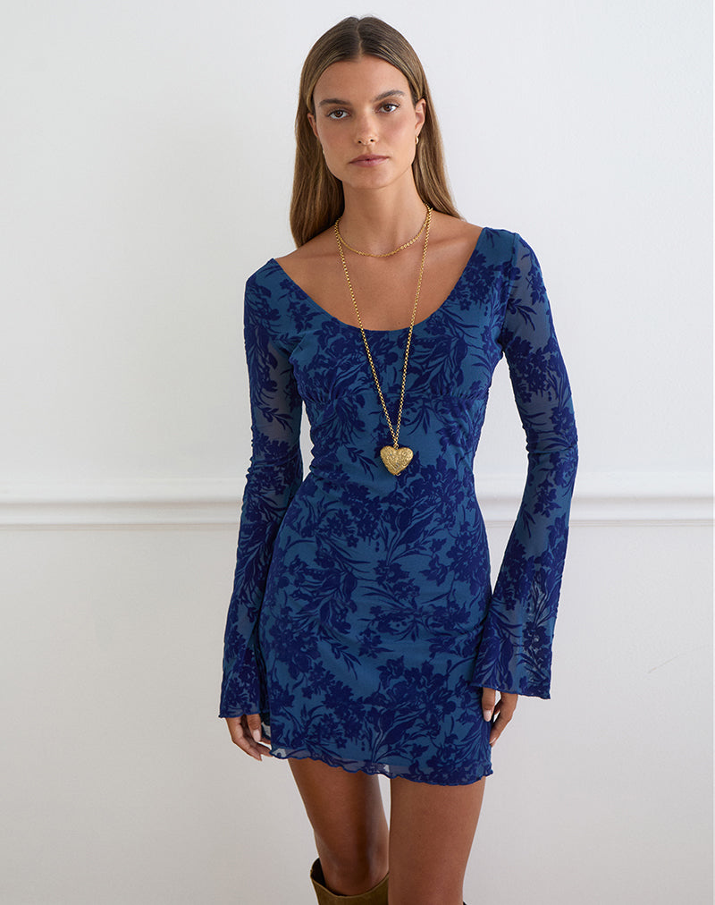 Bindara Mini Dress in Navy with Midnight Leaf Flock