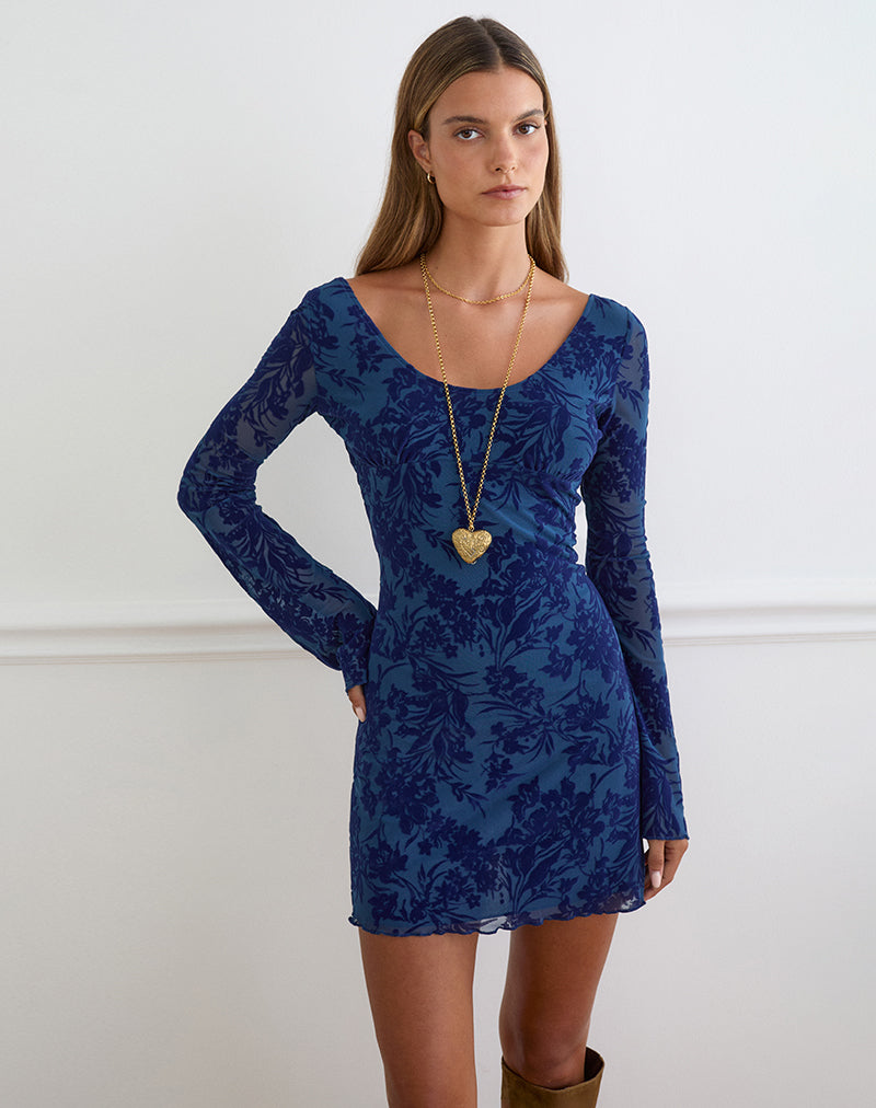 Bindara Mini Dress in Navy with Midnight Leaf Flock