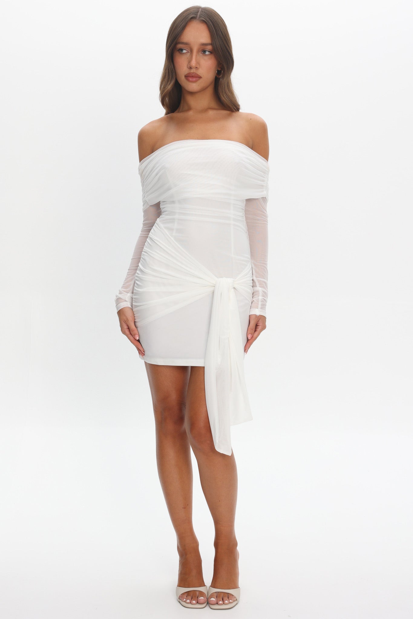 Dangerous Off Shoulder Waist Tie Mini Dress White