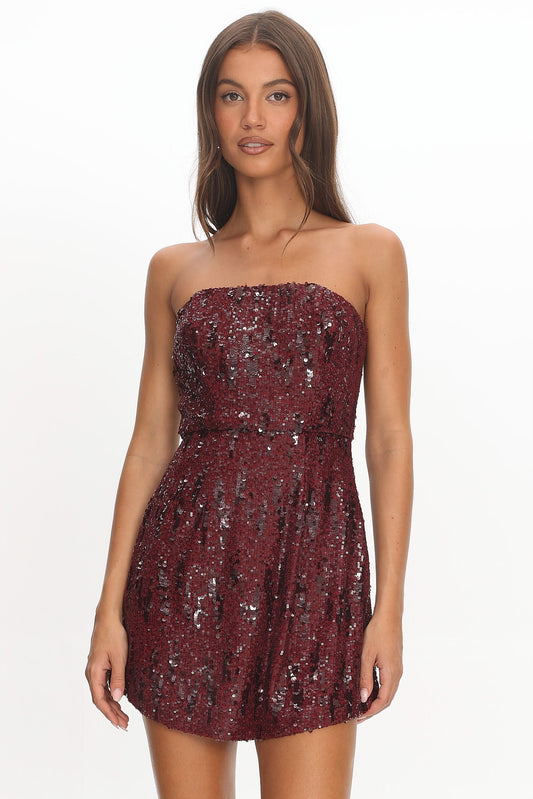 Entered The Chat Strapless Mini Dress Sequin Wine