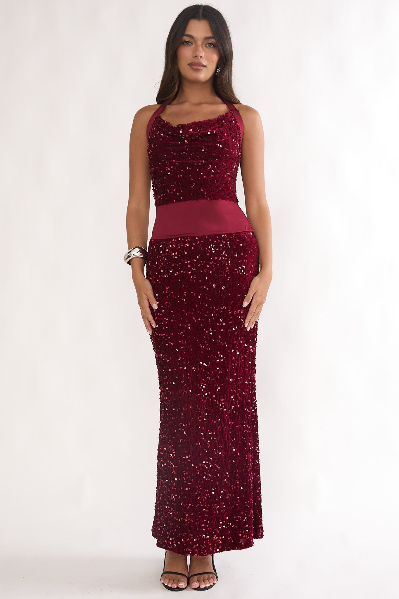 Cabernet Halter Maxi Dress Sequin Wine