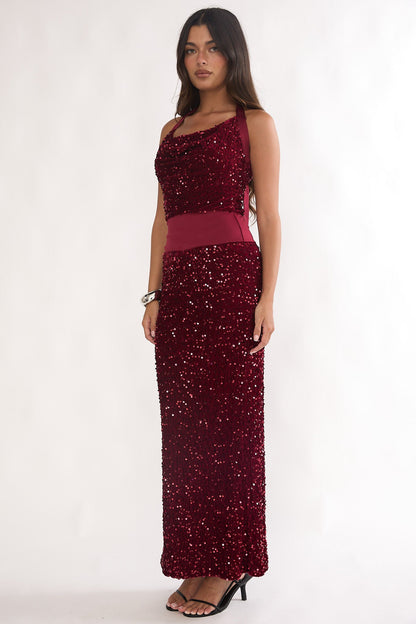 Cabernet Halter Maxi Dress Sequin Wine