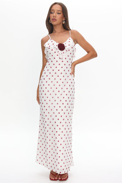 Bellissa Ruffle Bust Maxi Dress Polka Dot Red