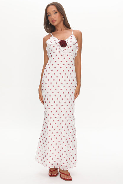 Bellissa Ruffle Bust Maxi Dress Polka Dot Red