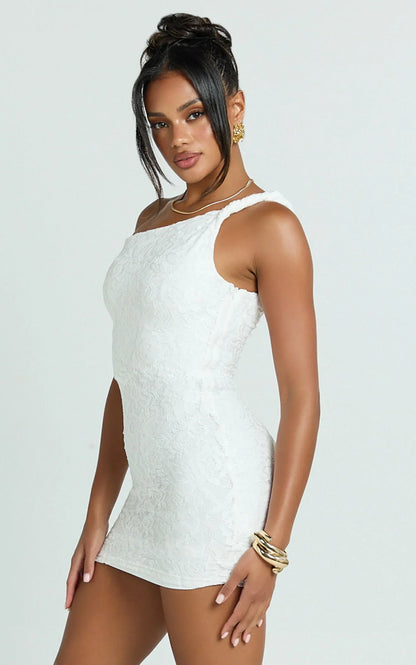 Miller Mini Dress - Lace Twist Off Shoulder Bodycon Dress in White